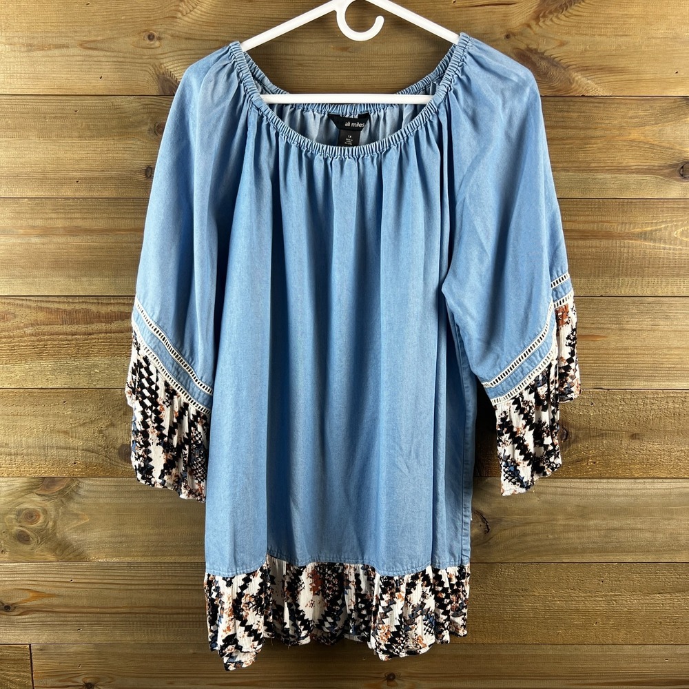 Ali Miles Womens Shirt 3/4 Sleeve Chambray Western Boho Artsy Tencel Size 1X